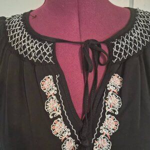 Black Embroidered Dress with Keyhole Neckline and Smocking Details